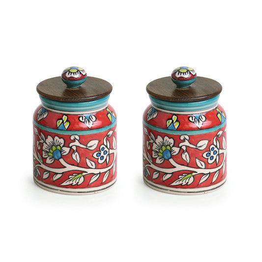 ‘Mughal Cylindrical Duo’ Airtight Floral Ceramic Storage Jars (Set of 2, 410 ml)