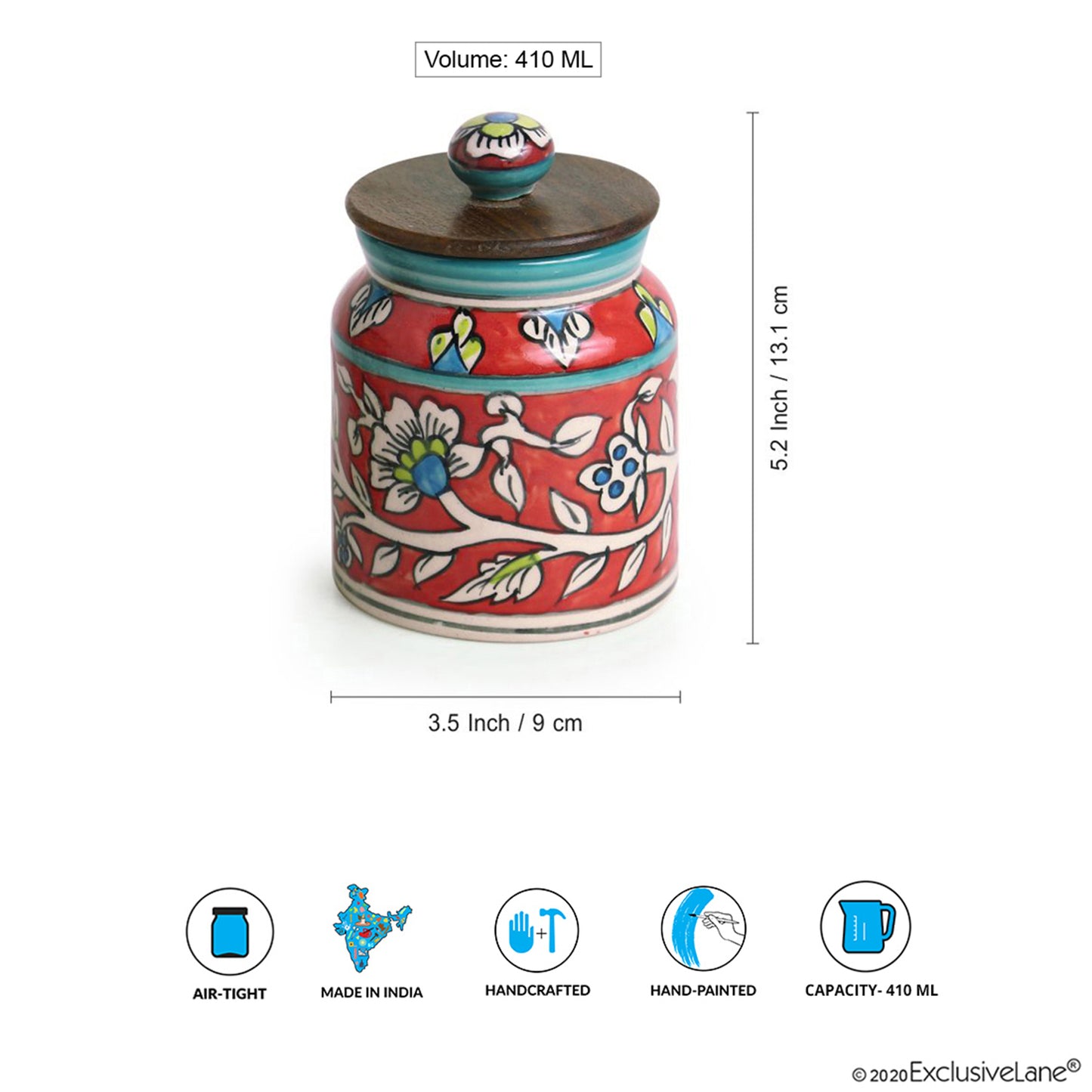 ‘Mughal Cylindrical Duo’ Airtight Floral Ceramic Storage Jars (Set of 2, 410 ml)