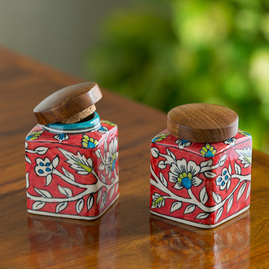 Mughal Heritage in Every Stroke – Red Floral Hand-painted Ceramic Jars (Set of 2)