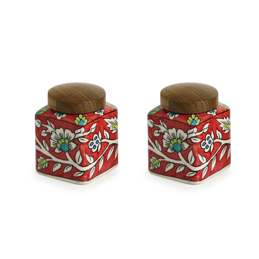 Mughal Heritage in Every Stroke – Red Floral Hand-painted Ceramic Jars (Set of 2)