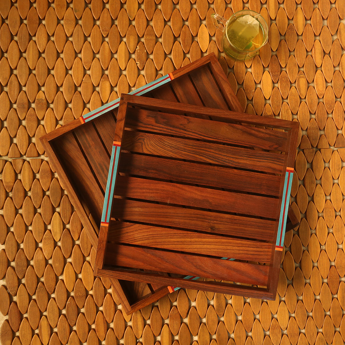 Oasis Plank Duo - Hand-Painted Nested Serving Trays In Sheesham Wood (Set of 2)