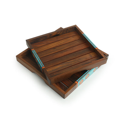 Oasis Plank Duo - Hand-Painted Nested Serving Trays In Sheesham Wood (Set of 2)