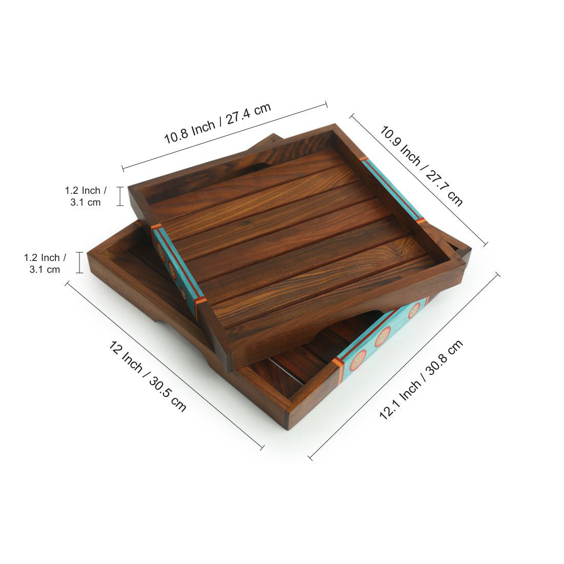 Oasis Plank Duo - Hand-Painted Nested Serving Trays In Sheesham Wood (Set of 2)