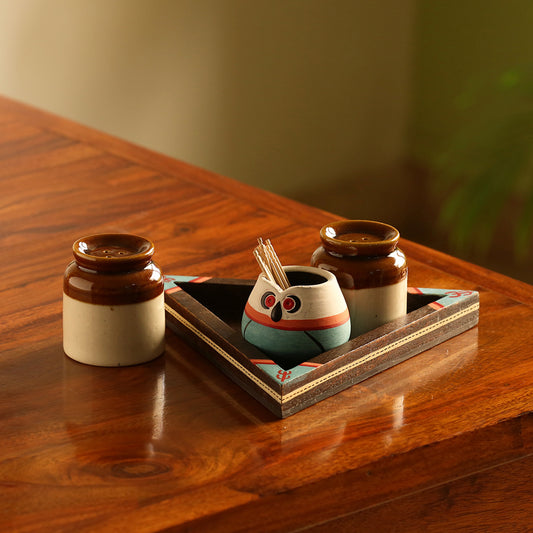 “Oasis Owlet” Handcrafted Salt & Pepper Set with Owl Toothpick Holder & Wooden Tray