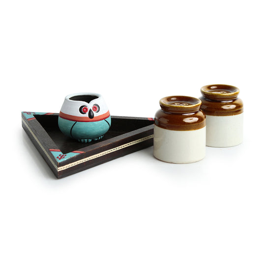 “Oasis Owlet” Handcrafted Salt & Pepper Set with Owl Toothpick Holder & Wooden Tray