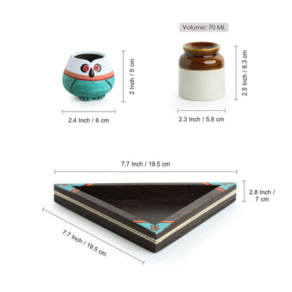 “Oasis Owlet” Handcrafted Salt & Pepper Set with Owl Toothpick Holder & Wooden Tray