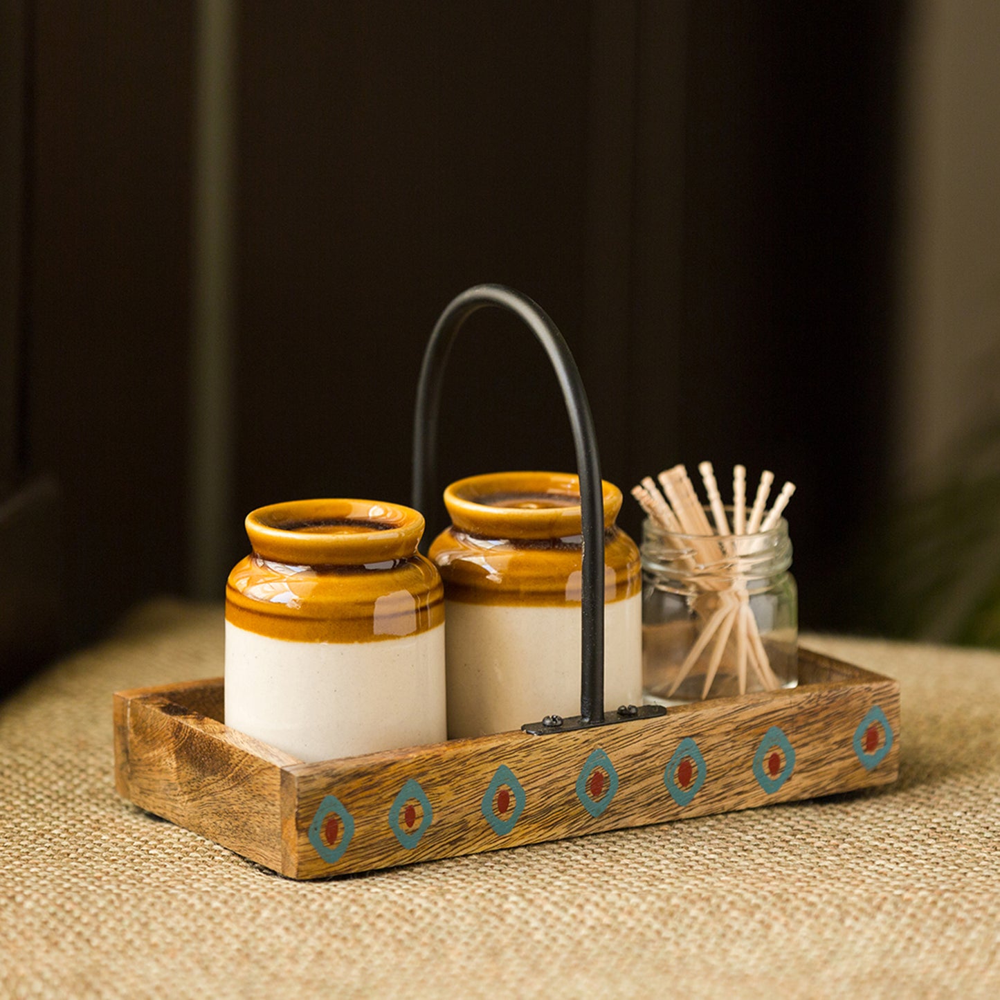 “Heirloom Spice Cellar” Vintage-Style Shaker Set with Toothpick Holder & Mango Wood Tray (110 ML)
