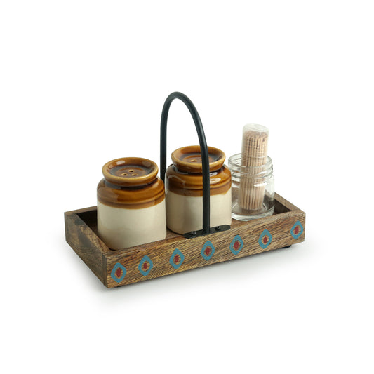 “Heirloom Spice Cellar” Vintage-Style Shaker Set with Toothpick Holder & Mango Wood Tray (110 ML)