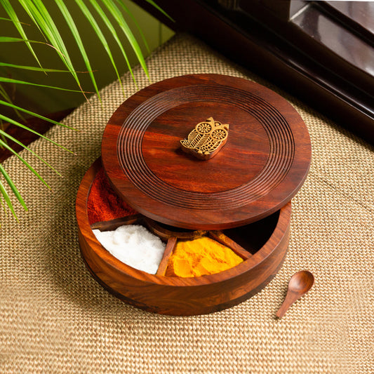 “Mystic Owl Block” – Hand-Carved Sheesham Wood Spice Box (7 Compartments, 80 ml each)
