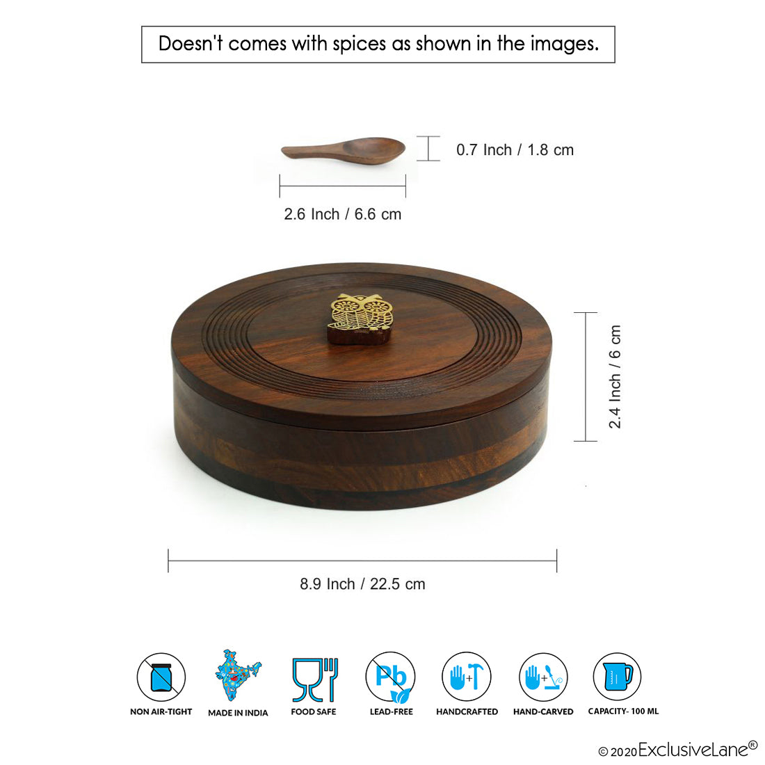 “Mystic Owl Block” – Hand-Carved Sheesham Wood Spice Box (7 Compartments, 80 ml each)