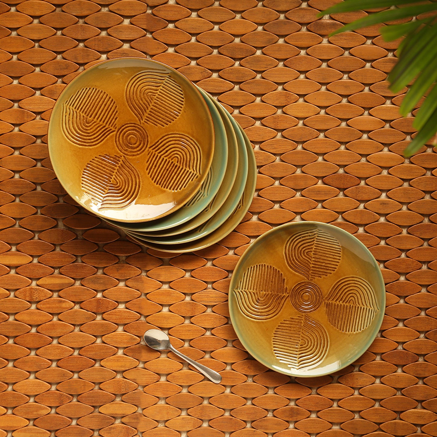 'Feathered Earth' Hand-Engraved Ceramic Quarter Plates (Set of 6, Microwave Safe)
