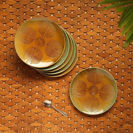 'Feathered Earth' Hand-Engraved Ceramic Quarter Plates (Set of 6, Microwave Safe)