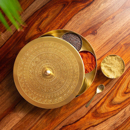 “The Mandala Bloom” – Brass Spice Box with Spoon (7 Containers, 100 ml)