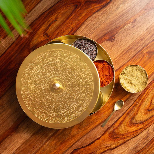 “The Mandala Bloom” – Brass Spice Box with Spoon (7 Containers, 100 ml)