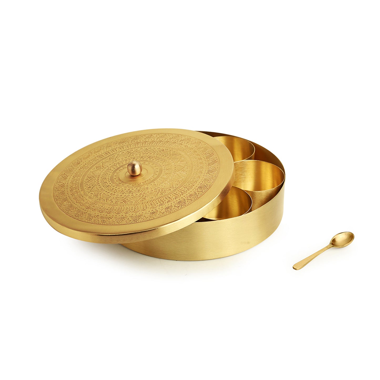 “The Mandala Bloom” – Brass Spice Box with Spoon (7 Containers, 100 ml)