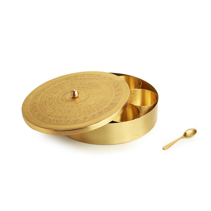 “The Mandala Bloom” – Brass Spice Box with Spoon (7 Containers, 100 ml)