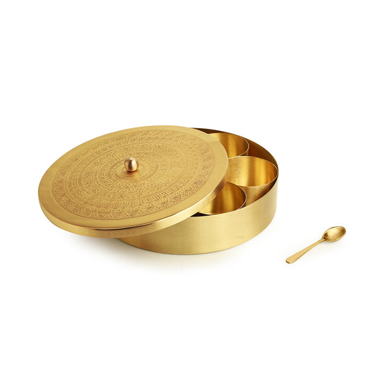 “The Mandala Bloom” – Brass Spice Box with Spoon (7 Containers, 100 ml)