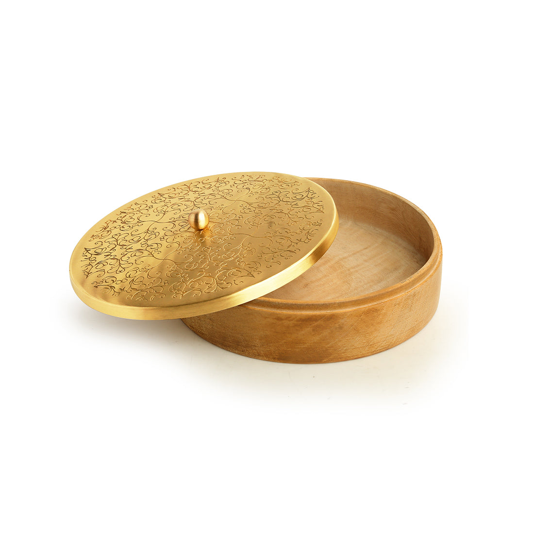 Floral-Etched – Handcrafted Chapati Box in Brass & Mango Wood (1000 ml | Brass Lid with Hand-Etched Floral Motif | Artisan-Made)