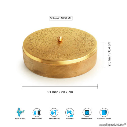 Floral-Etched – Handcrafted Chapati Box in Brass & Mango Wood (1000 ml | Brass Lid with Hand-Etched Floral Motif | Artisan-Made)