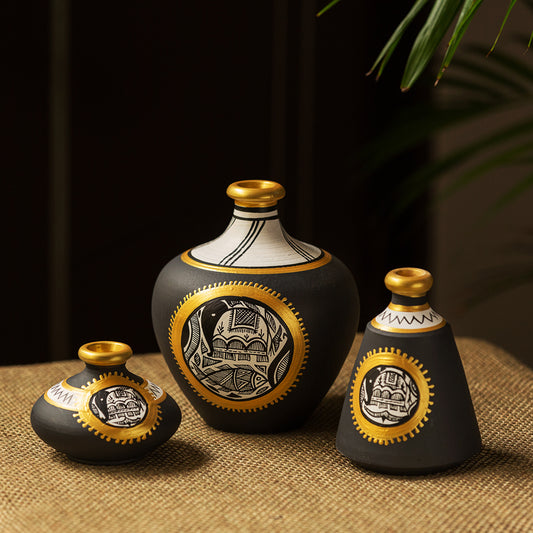 Madhubani Jet Black Matkis Hand-Painted Vases Combo In Terracotta