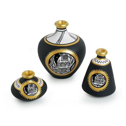 Madhubani Jet Black Matkis Hand-Painted Vases Combo In Terracotta