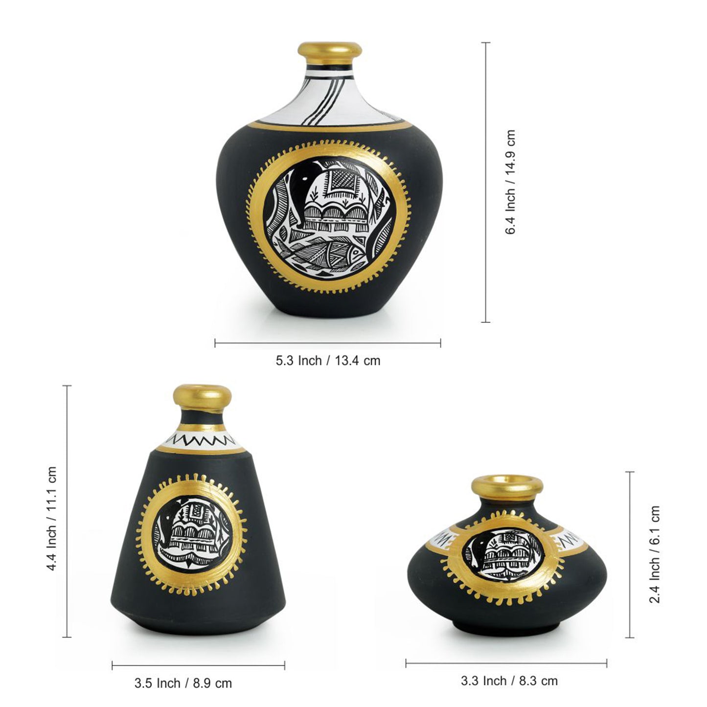 Madhubani Jet Black Matkis Hand-Painted Vases Combo In Terracotta