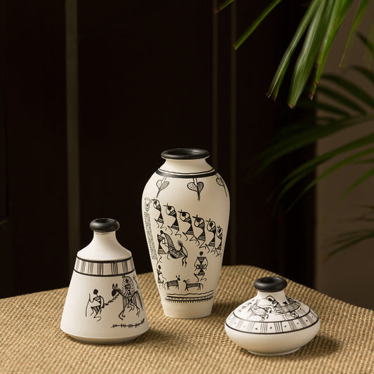 Warli White Matkis Hand-Painted Vases Combo In Terracotta
