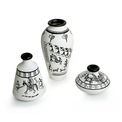 Warli White Matkis Hand-Painted Vases Combo In Terracotta