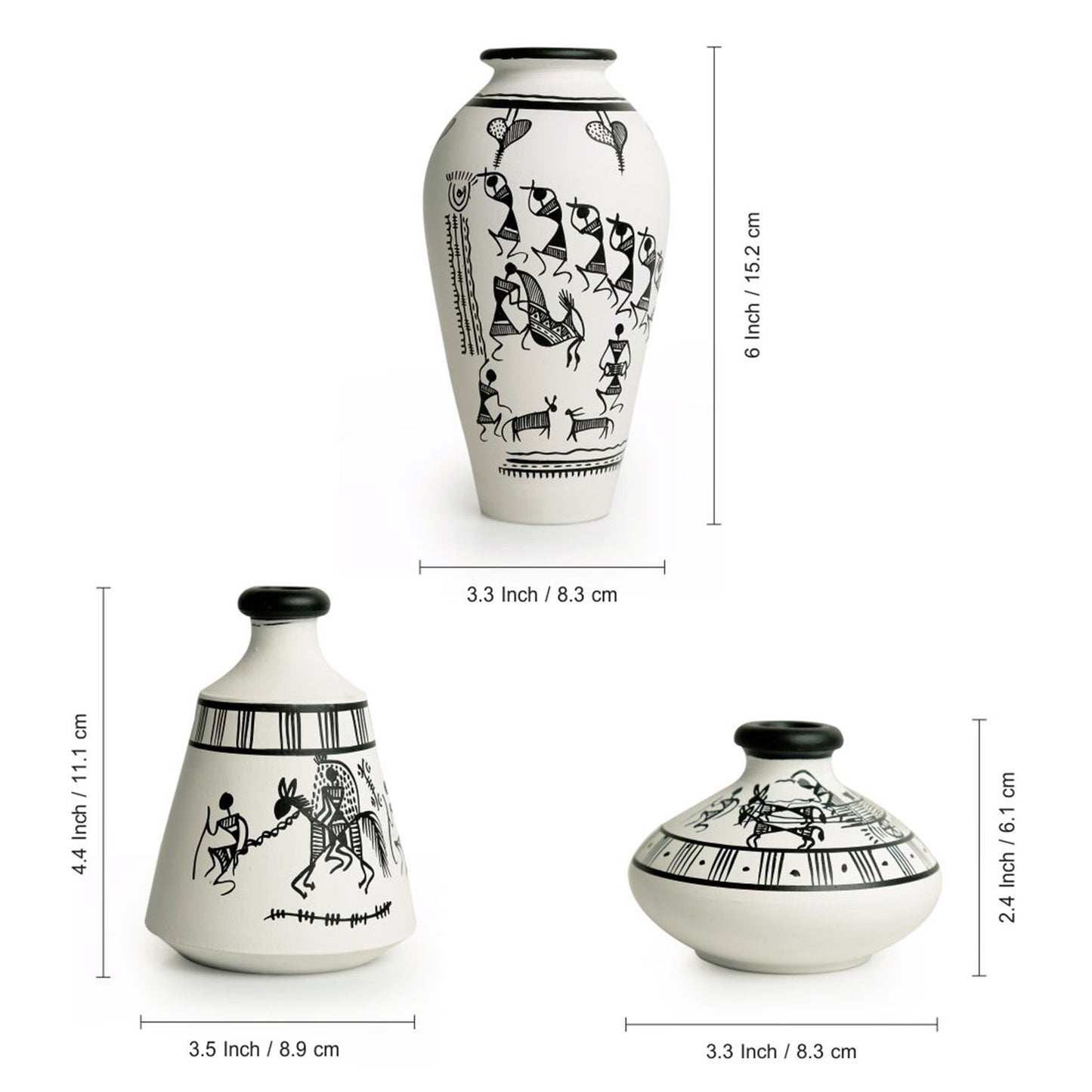 Warli White Matkis Hand-Painted Vases Combo In Terracotta
